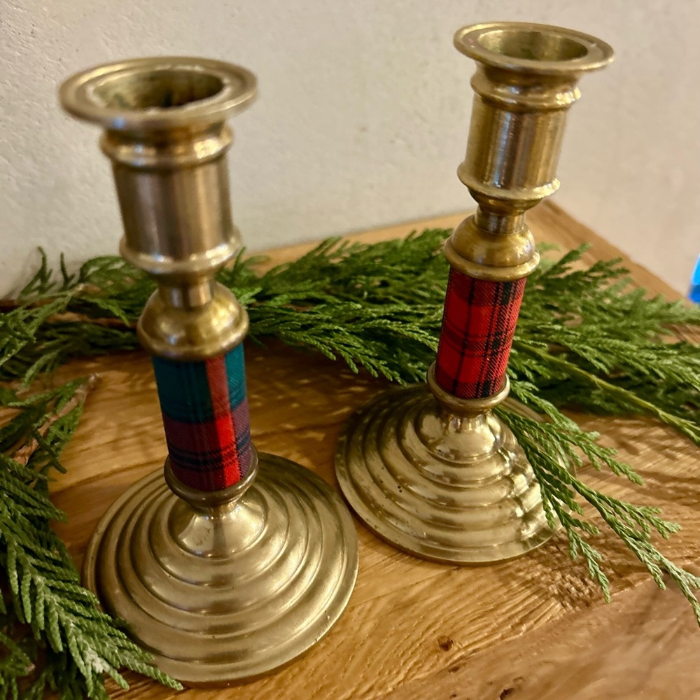 Plaid Brass Candlestick Holders